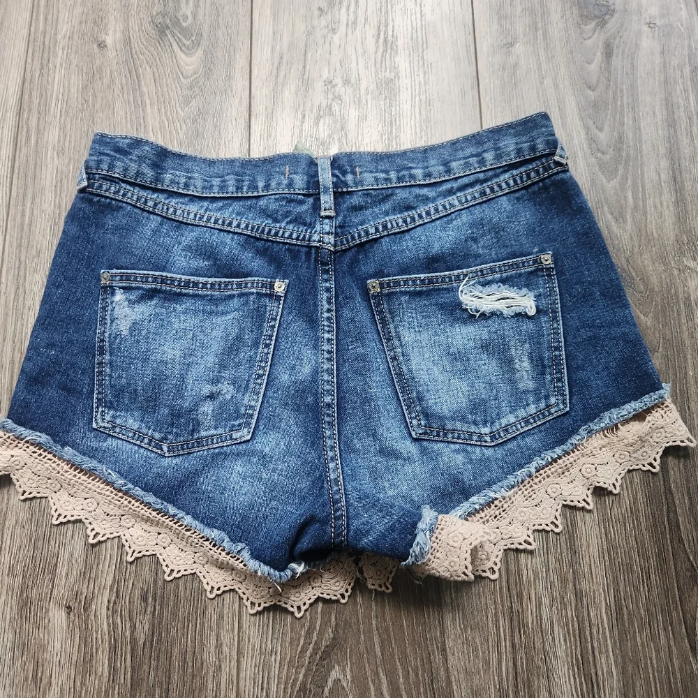 Free People Lacey Lace High Rise Denim Distressed Shorts 27